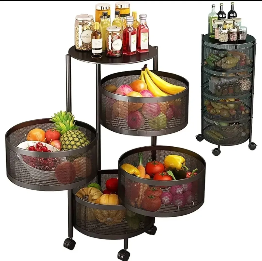 5 Layers Kitchen Rotating Shelf 360 Degree Baskets Fruit Vegetable Storage Rack Floor Round Shelf With Wheels